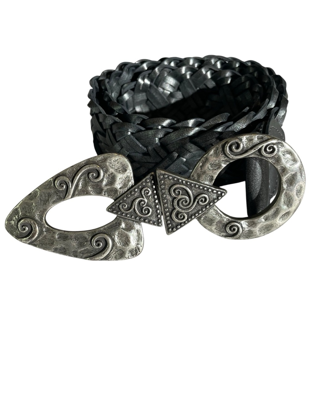 Chico’s Wide Braided Belt Large Silver Buckle Embellished Leather Gunmetal Metal